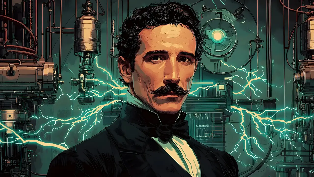 Nikola Tesla Surrounded By Electrical Currents Machines Cartoon Style